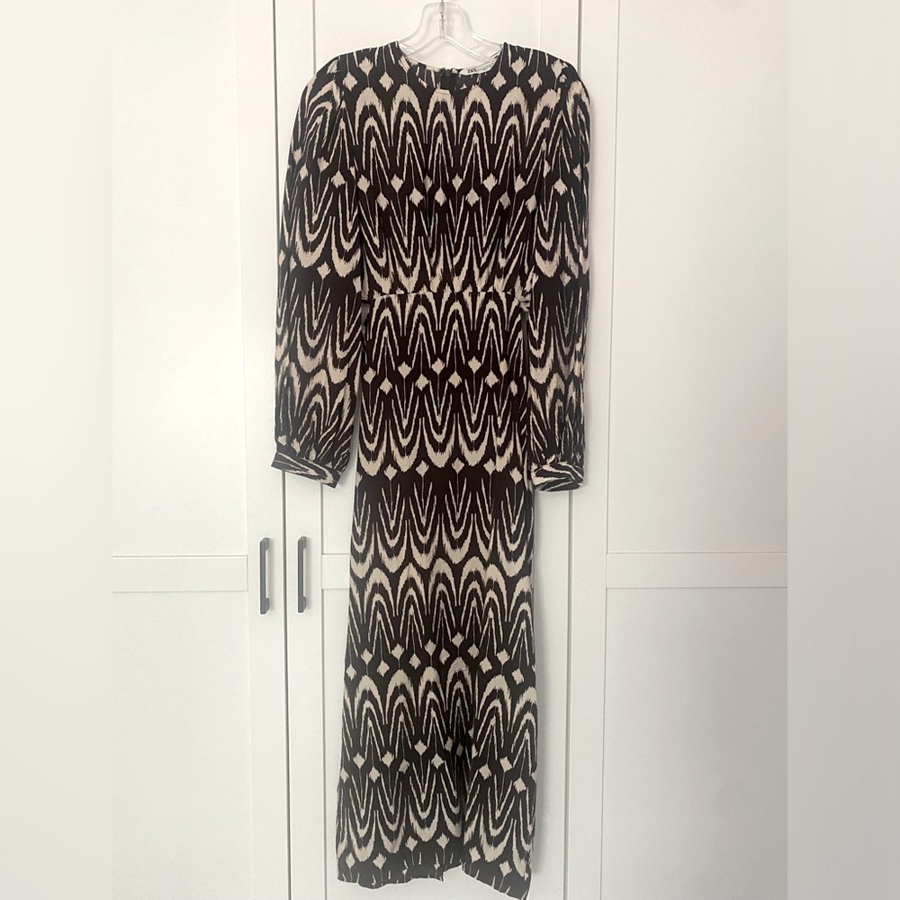 ZARA Viscose Polyamide Ikat Print Dress With Side Cutouts Back Slit Size XS